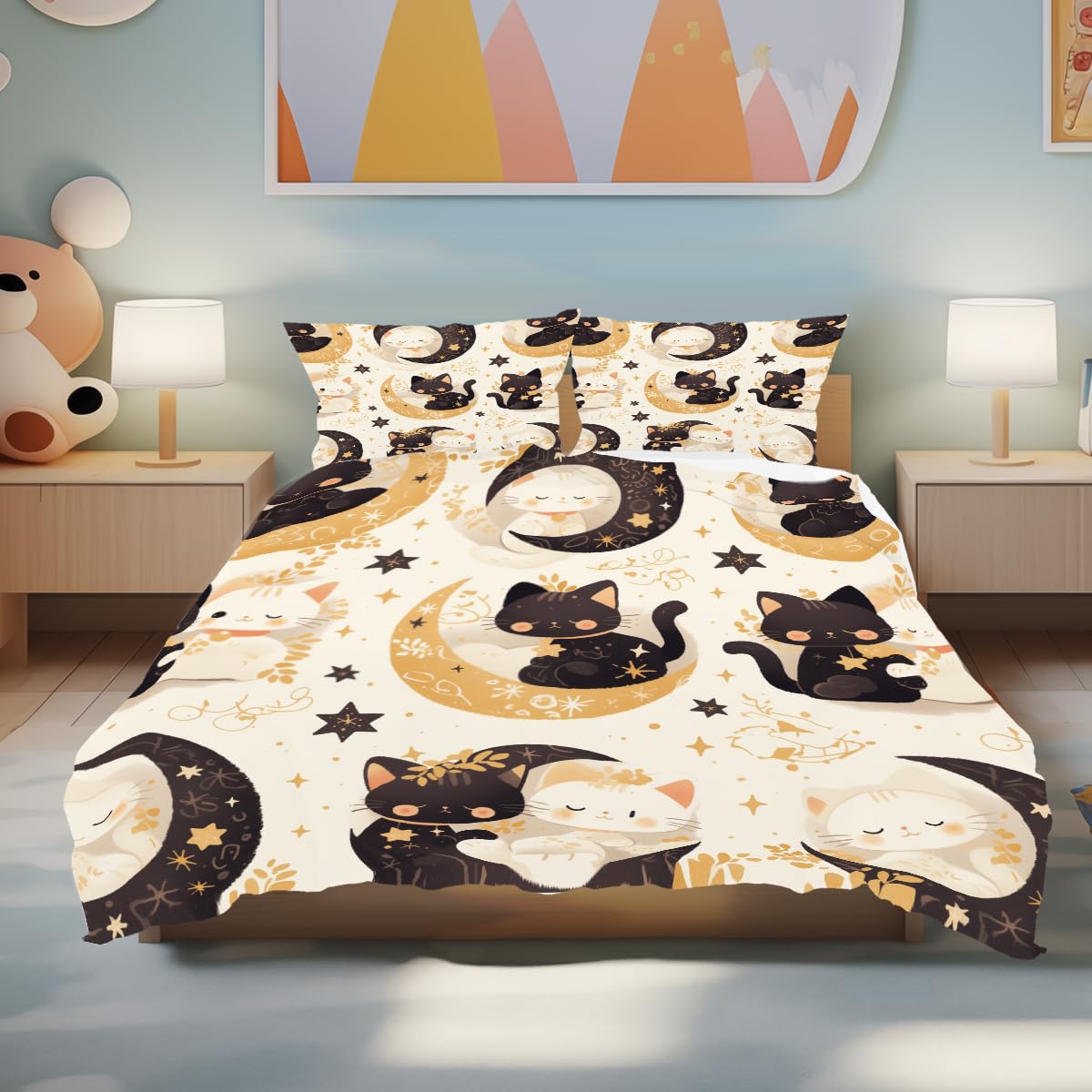 Lokaluo Cats Duvet Cover King Size 3D Printed Little Kitty King Duvet Cover Set Black Cat Starlight Moon Stars Floral Bedding Set Room Decor All Season 3 Pcs Comforter Cover with 2 Pillowcases