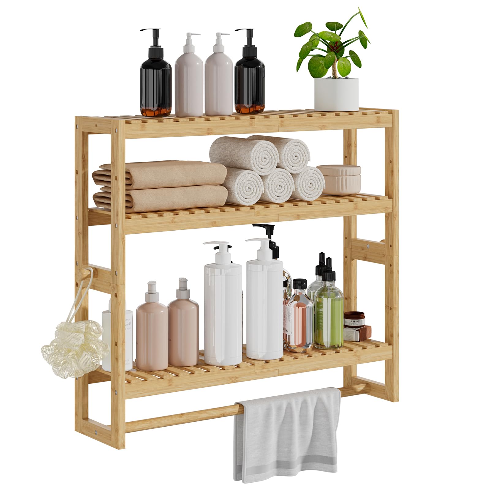 Bathroom Shelf Storage Organizer,5.9''D*23.6''W*21.2''H,Floating Wall Mount 3-Tier Adjustable Layer Bamboo Kitchen Organizer with Bar, Standing Shelf Units, Towel Rack Hanging Rod for Bathroom(Beige)