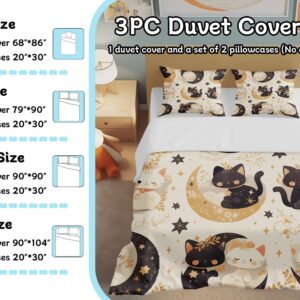 Lokaluo Cats Duvet Cover King Size 3D Printed Little Kitty King Duvet Cover Set Black Cat Starlight Moon Stars Floral Bedding Set Room Decor All Season 3 Pcs Comforter Cover with 2 Pillowcases