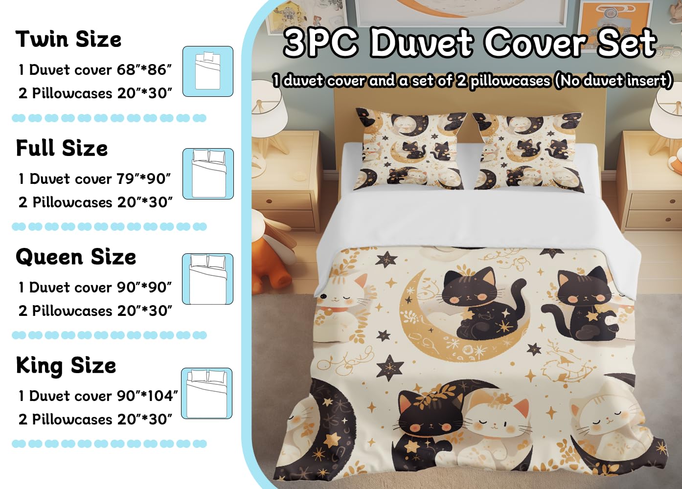 Lokaluo Cats Duvet Cover King Size 3D Printed Little Kitty King Duvet Cover Set Black Cat Starlight Moon Stars Floral Bedding Set Room Decor All Season 3 Pcs Comforter Cover with 2 Pillowcases