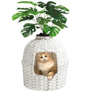 setvson cat litter box plant furniture hidden cat litter box with artificial plants, handwoven rattan cat litter box enclosure with cat litter box, enclosed plant cat litter box in living room (white)