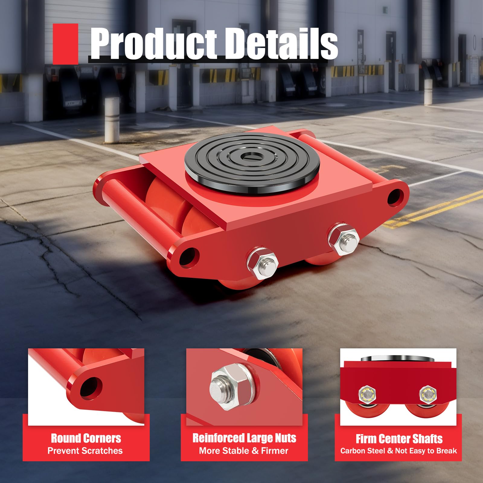 TFCFL 4pcs Machinery Mover with 2 Steering Handle 6T Machinery Moving Skate 13200lbs Machinery Skate Dolly w/ 360°Rotation Disc & 4 Rollers Machinery Skate Heavy Duty Industrial Moving Equipment, Red