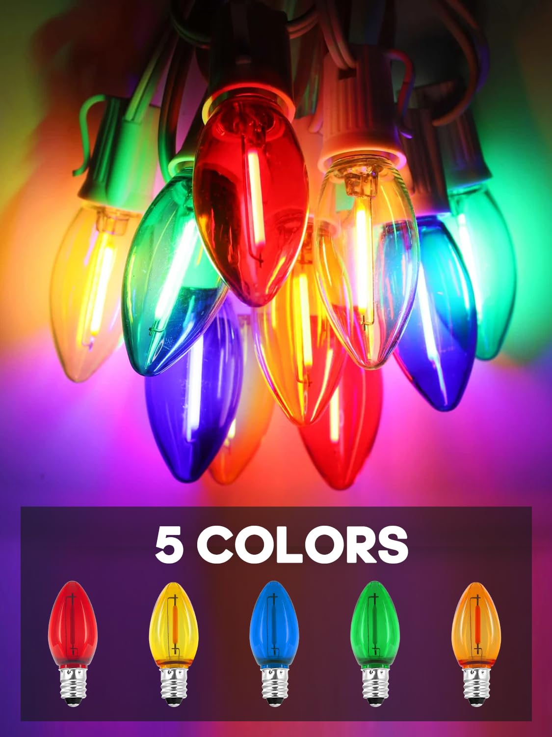 We Charger C7 Colored Light Bulbs, Led Night Light Bulbs Multicolor 25 Pack Outdoor Indoor String Light Replacement, E12 Candelabra Base Bulbs Shatterproof 0.6 Watt