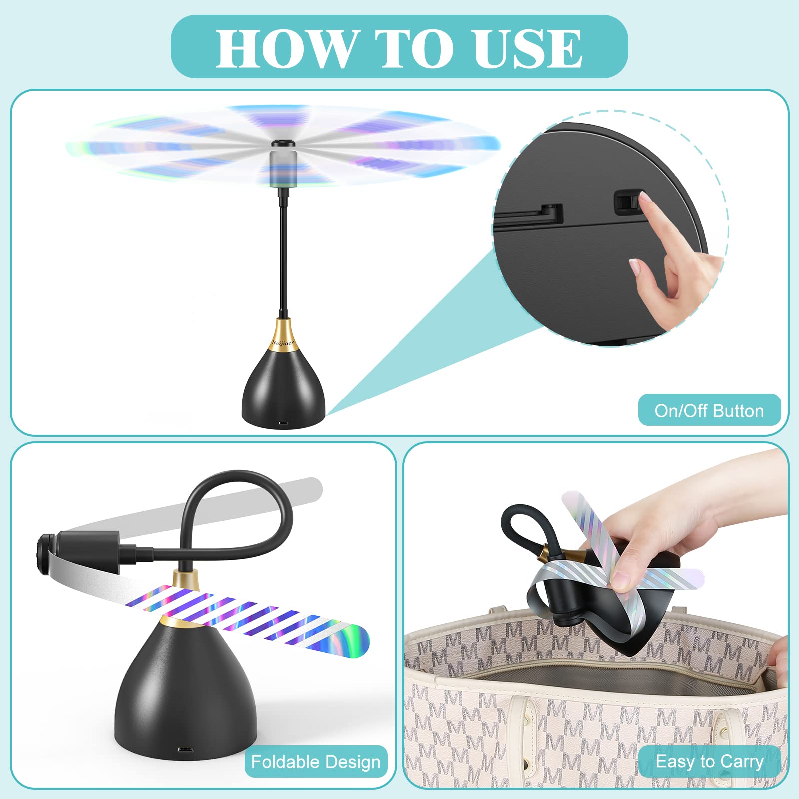 Neijiaer Fly Fans for Tables 2024 Upgraded, Practical Fly Repellent Fan with Soft Blades, USB or Batteries Powered, Soundless and Portable Fly Fan Keeps Your Food Clean