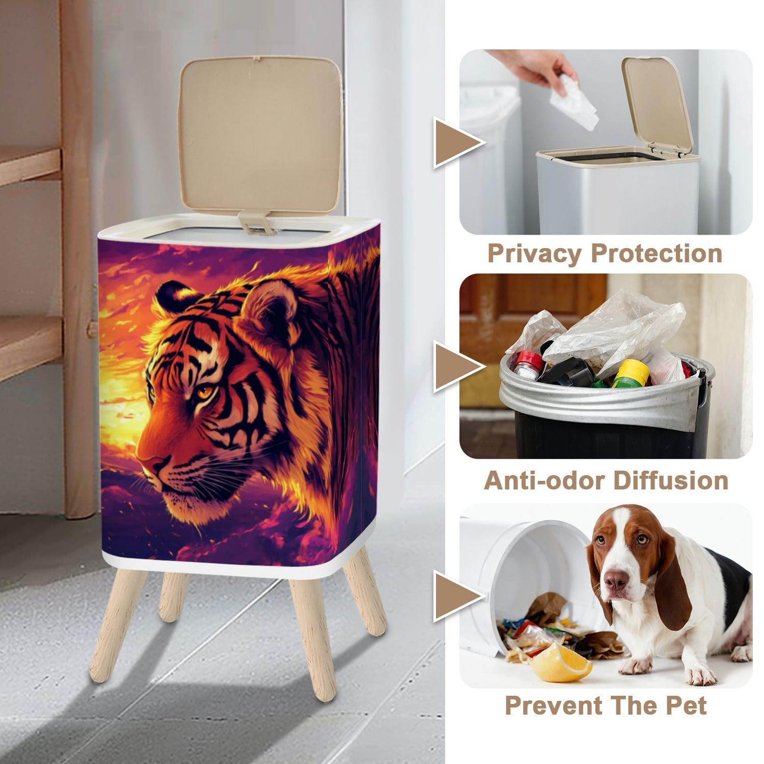 hgsschrek Small Trash Can with Lid Exaggerated Tiger Features Expressive Eyes Bold Colors 2.6 Gallon/10L Garbage Can Waste Bin with Pop-Up Lid Wood Legs Wastebasket for Bathroom Kitchen Bedroom