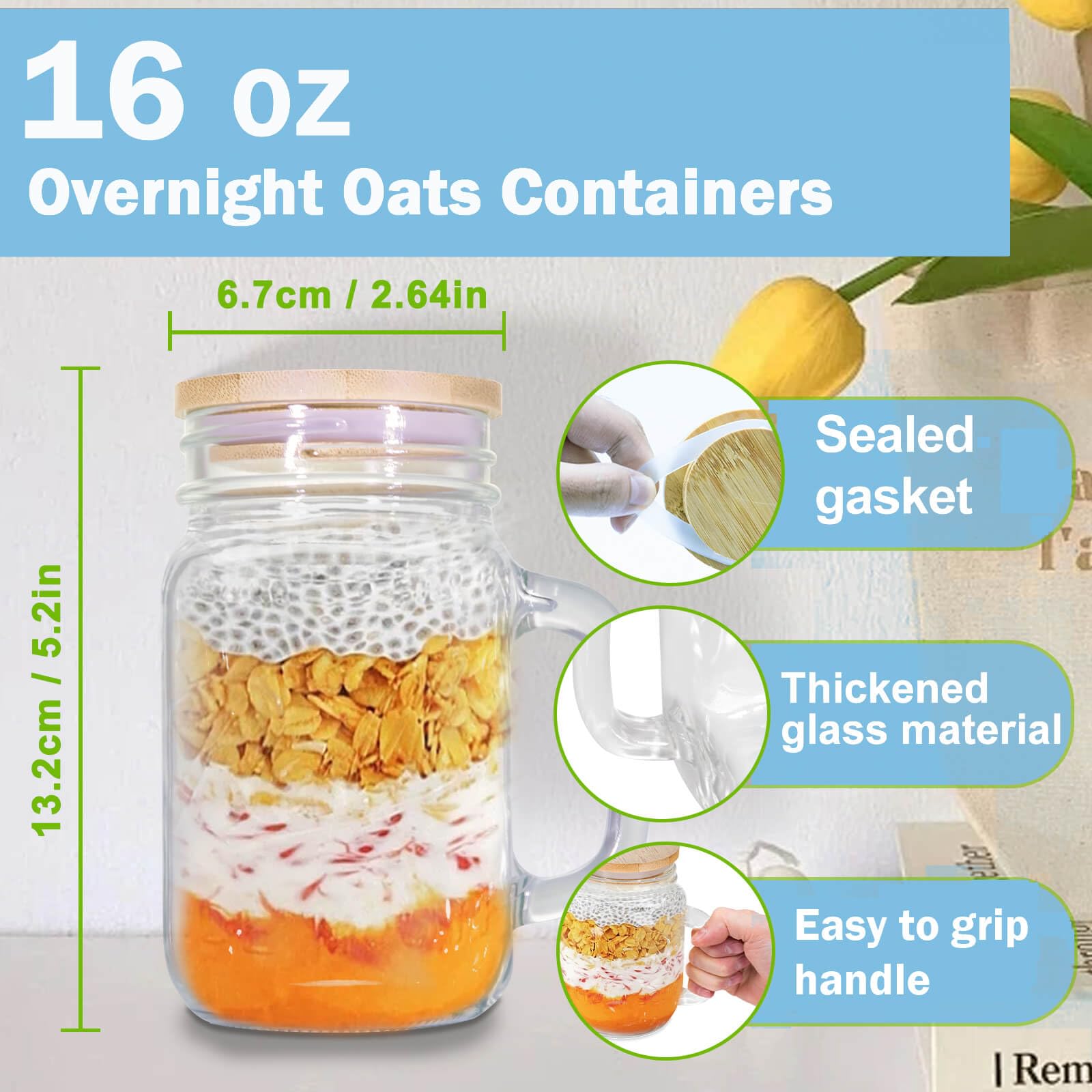 Overnight Oats Containers with Lids Set of 4, 16 Oz Yogurt Parfait Cups with Bamboo Lids, Glass Oatmeal Mason Jars, Chia Seed Pudding Jars, Food Storage Containers for Cereal, Snacks, Spice, Sugar