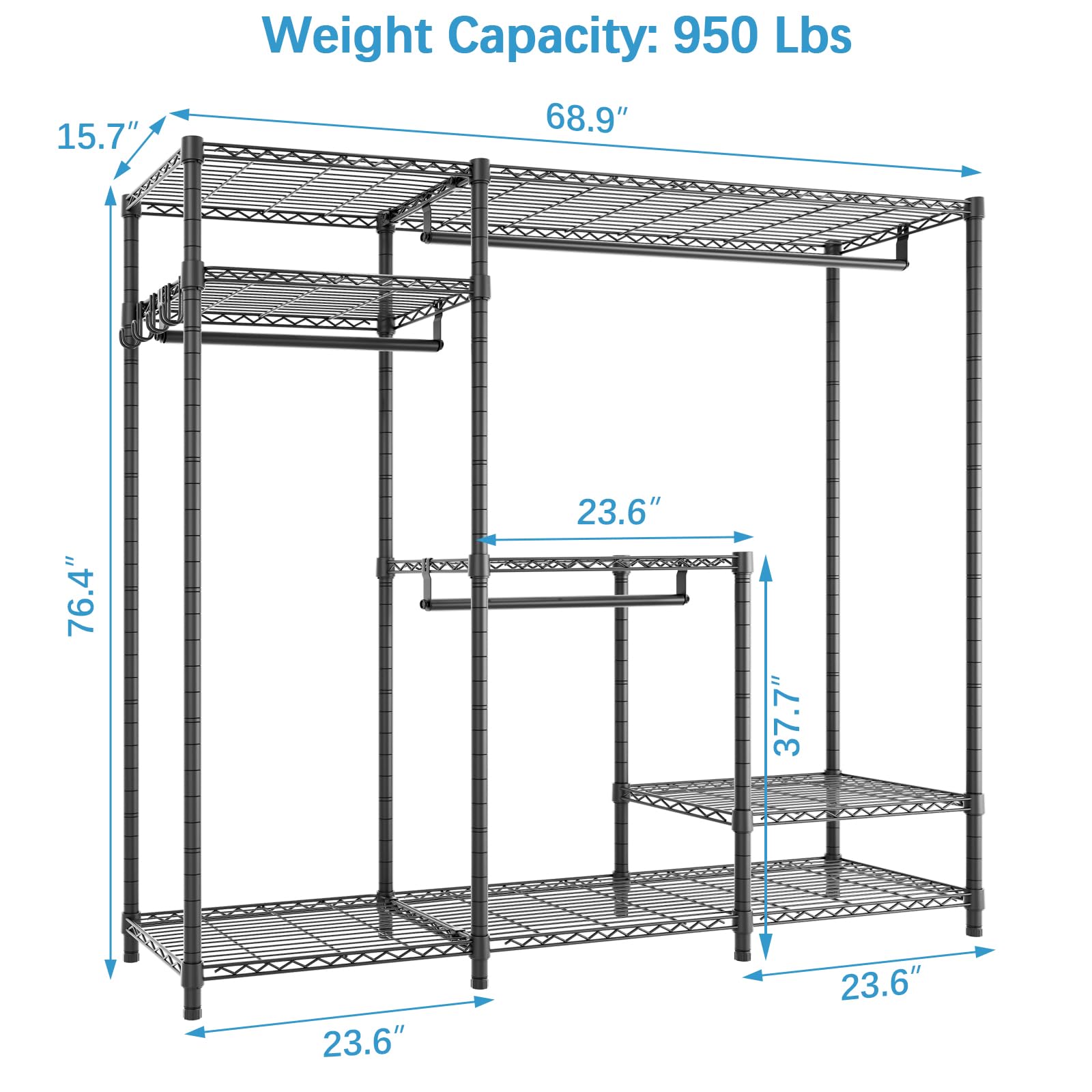 VIPEK V3 Clothes Rack, Heavy Duty Garment Rack with Adjustable Shelves & Hang Rods & Side Hooks, Portable Closet Systems Freestanding Metal Clothing Rack for Hanging Clothes, Max Load 950lbs, Black