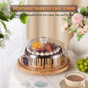 Cake Stand，Rotating Cake Stand with Lid，Bamboo Cake Stand with Acrylic Dome，Turnable Cake Display Stand Cake Plate Cake Holder Cake Platter with Cover，11.8"