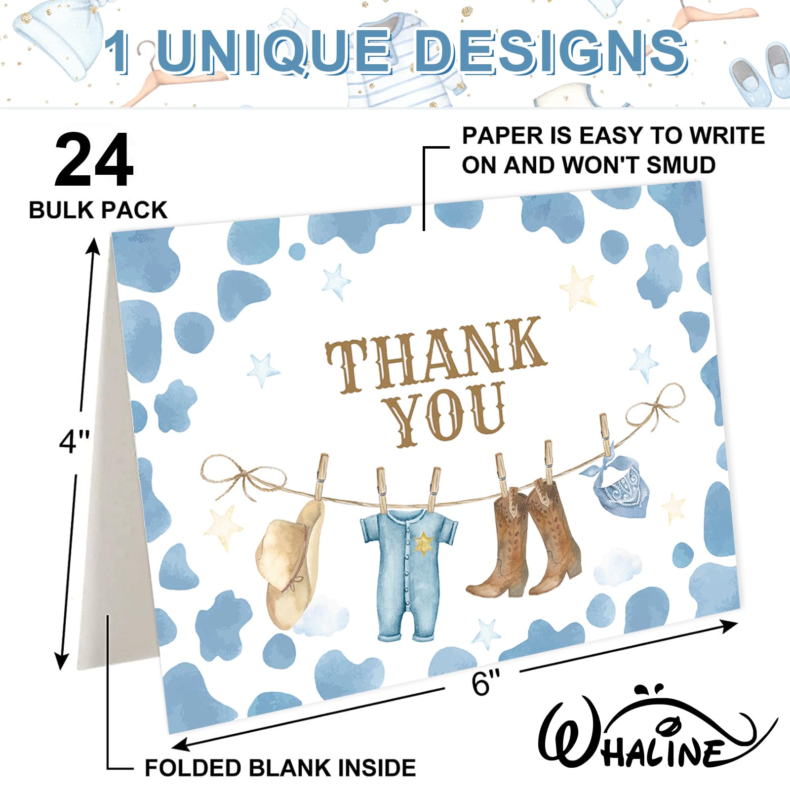 Whaline 24 Pack Cowboy Thank You Card Blue Cow Print Greeting Card with Envelope Sticker Cow Spot Blank Note Card for Baby Shower Party Invitation Supplies, 4 x 6 Inch