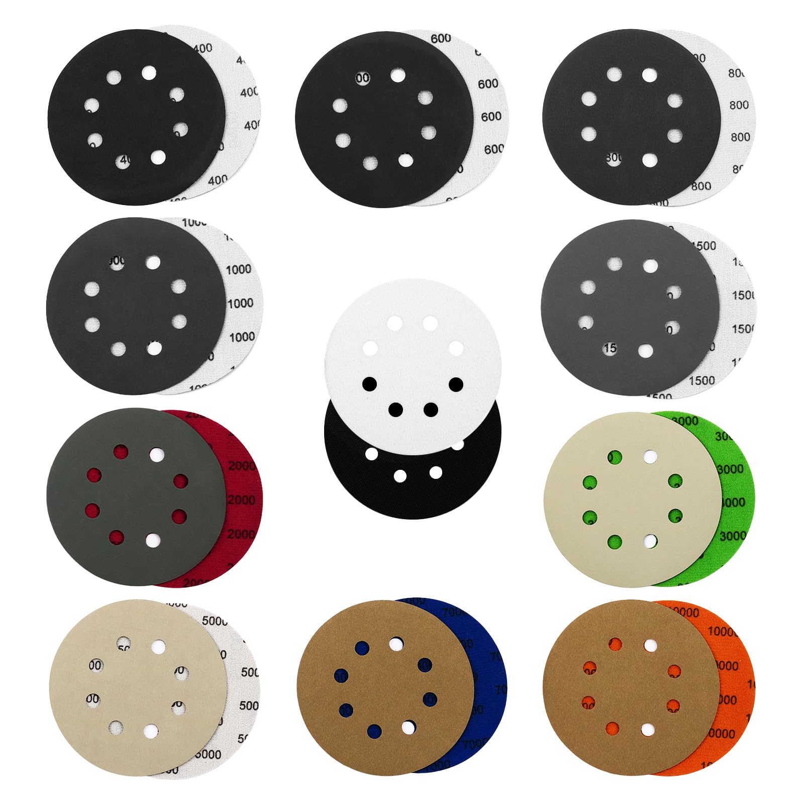 Aolabela 100PCS 5 Inch Sanding Discs Hook & Loop Sandpaper 400/600/800/1000/1500/2000/3000/5000/7000/10000 Grit Orbital Wet Dry Sandpaper with 2PCS Interface Pads for Automotive Wood Metal Polishing