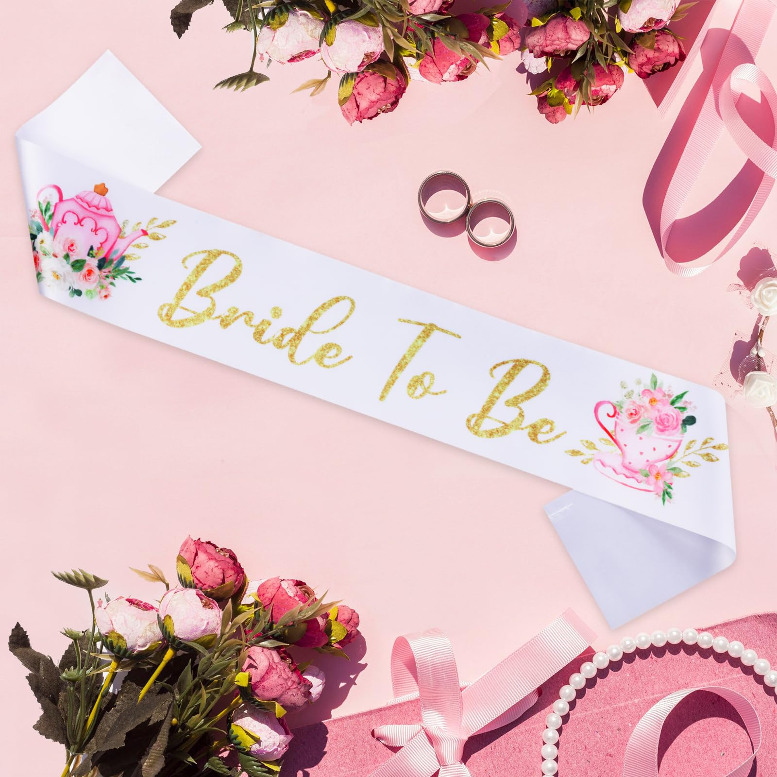 Diartpaint Floral Tea Bride To Be Bachelorette Sash, Flowers Teapot Bridal Shower Wedding Satin Sash Bride Decor Favors, Garden Tea Theme Engagement Party Decorations Supplies