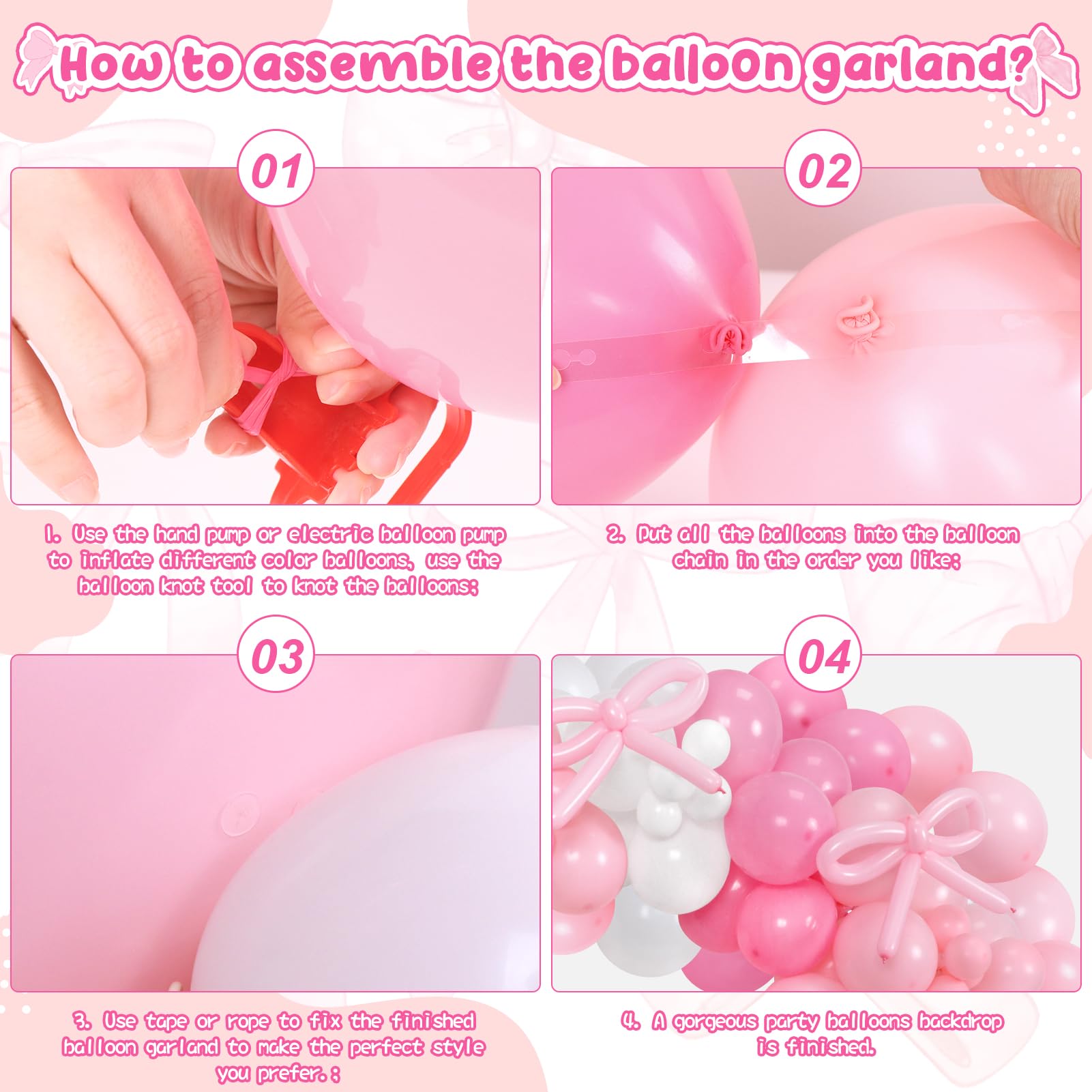 Pink Bow Balloon Arch Kit, 160 Pcs Pink Bow Balloons Garland with Long Balloons and Satin Ribbon for Bow Birthday Decor, Coquette Birthday Decortions, Bridal Shower, Bow Party Decorations