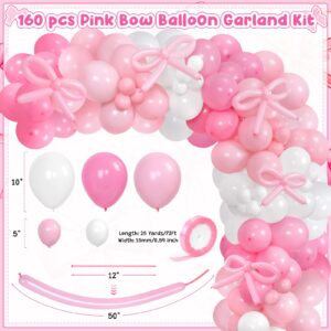 Pink Bow Balloon Arch Kit, 160 Pcs Pink Bow Balloons Garland with Long Balloons and Satin Ribbon for Bow Birthday Decor, Coquette Birthday Decortions, Bridal Shower, Bow Party Decorations