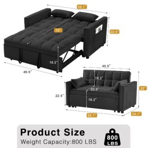 Wakefit 3 in 1 Convertible Sleeper Sofa Bed, Futon Couches for Living Room with Side Pocket | Adjustable Backrest| Velvet Fabric | Pull Out Couch | Loveseat | Sectional Sofa Bed(Black)