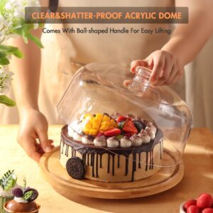 Cake Stand，Rotating Cake Stand with Lid，Bamboo Cake Stand with Acrylic Dome，Turnable Cake Display Stand Cake Plate Cake Holder Cake Platter with Cover，11.8"