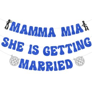 mamma mia party decorations, no-diy mamma mia bachelorette party decorations, glitter mamma mia she is getting married banner for disco ball bridal shower wedding party