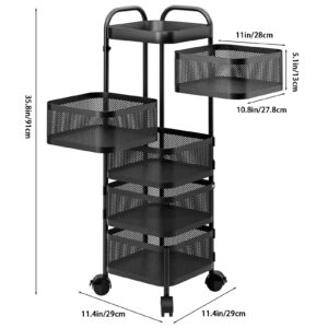 Rotating Kitchen Storage Rack , Round Metal Storage Basket Shelves, 360° Rotating Tower Organizer with Rolling Wheels, Multi-Layer Storage Shelf for Kitchen,Living,Room and Bathroom (Square 5 Layers)