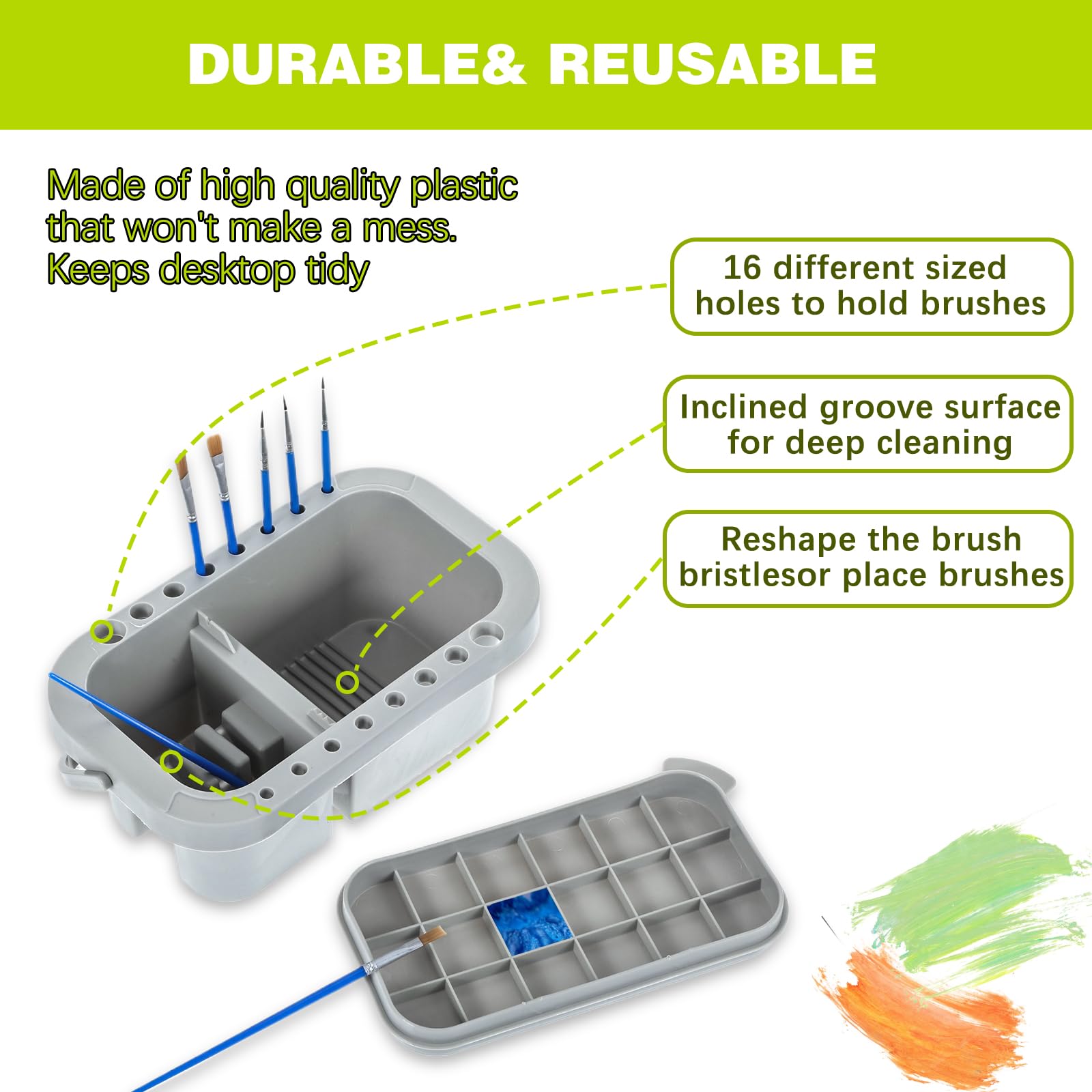 Lemecima Paint Brush Cleaner Washer, Multifunction Painting Brush Basin Holder and Organizer with Tray Palette Lid & 10 Painting Brush for Acrylic, Watercolor, Oil, Gouache Painting