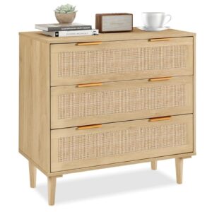 ymbsbuy rattan dresser for bedroom 3 drawer storage closet dresser chest of drawers, wood kids dresser for bedroom, living room, nursery, hallway, entryway, oak