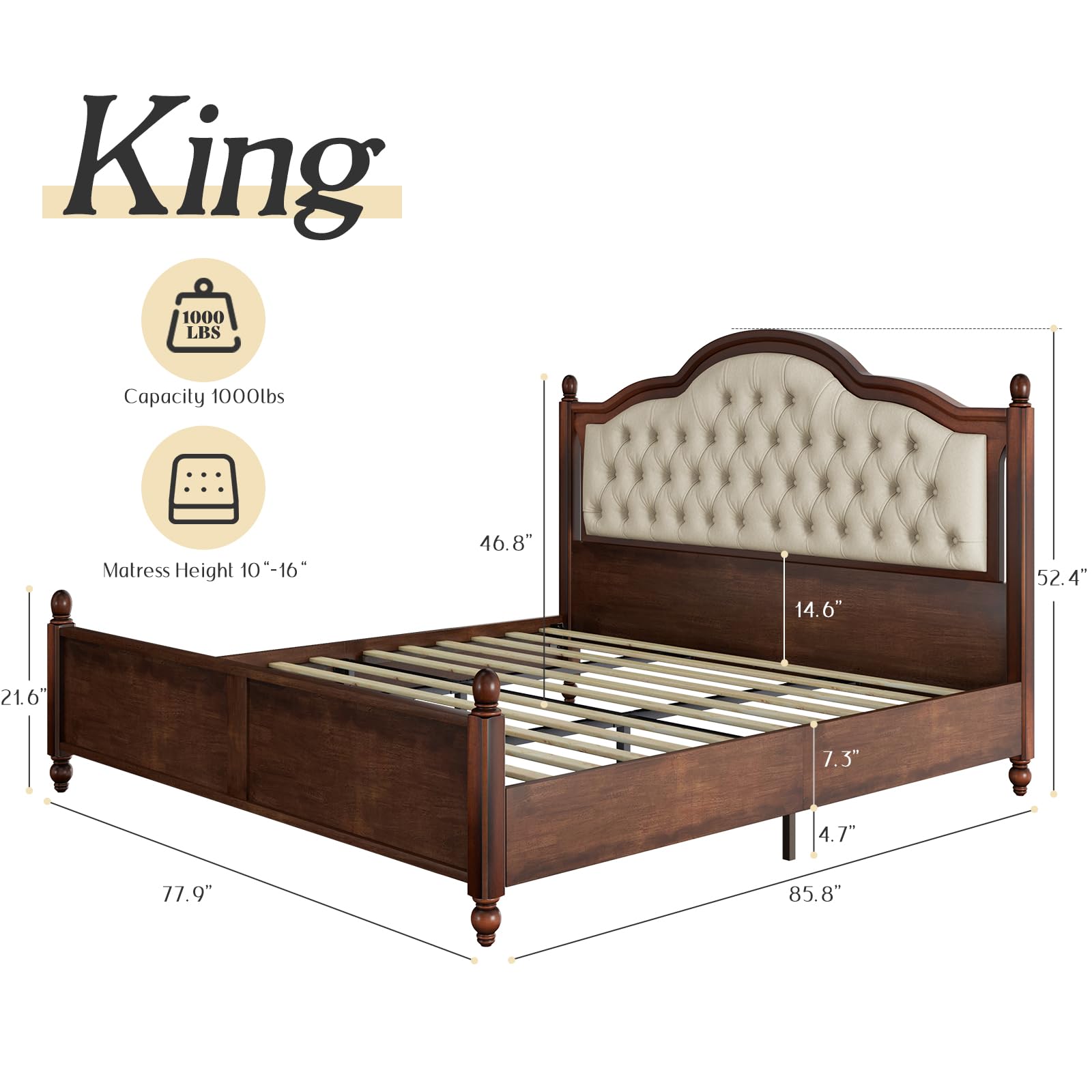 VanAcc Solid Wood King Bed Frame, Platform Bed with Upholstered Headboard, Luxury Beds with Wood Slat Support, Walnut