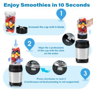 Prolixity 1200w Smoothie Blender - Personal Blender for Frozen Fruit & Ice Crush with 2 Sharp 6-Fin Blades, Portable Smoothie Blenders with 14oz, 24oz, 29oz Easy Go Cups for Nutritious Juices,Silver