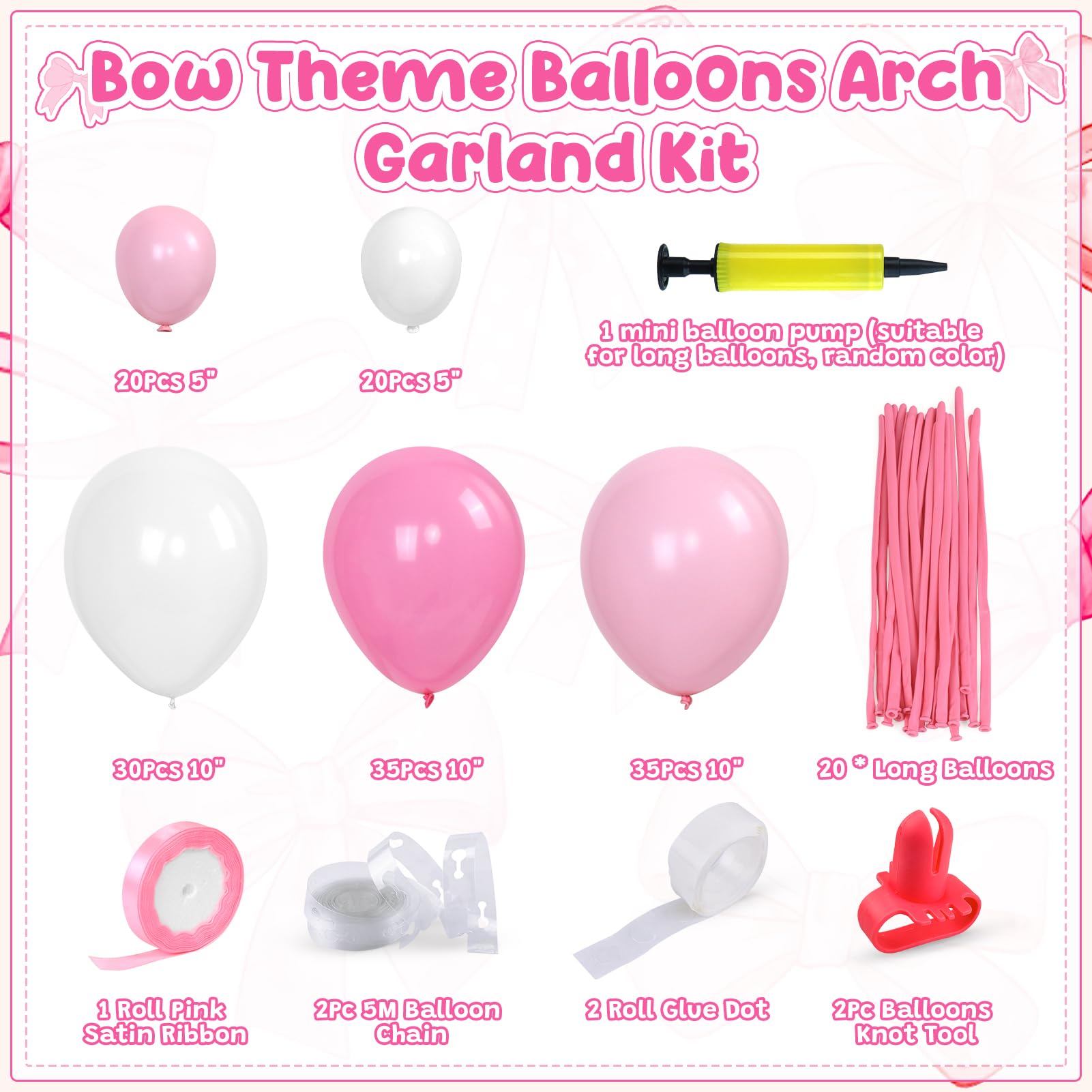 Pink Bow Balloon Arch Kit, 160 Pcs Pink Bow Balloons Garland with Long Balloons and Satin Ribbon for Bow Birthday Decor, Coquette Birthday Decortions, Bridal Shower, Bow Party Decorations