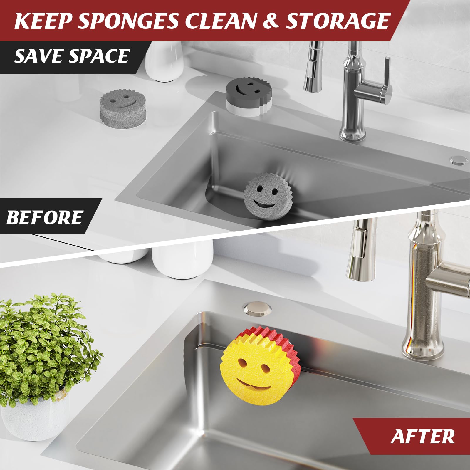 Sponge Holder for Kitchen Sink Smiley Face,Sink Caddy Organizer with Suction Cup Installation for Kitchen/Bathroom, Self Draining,Sponge Caddy for Holding Smiley Sponges (Sponges Not Included)