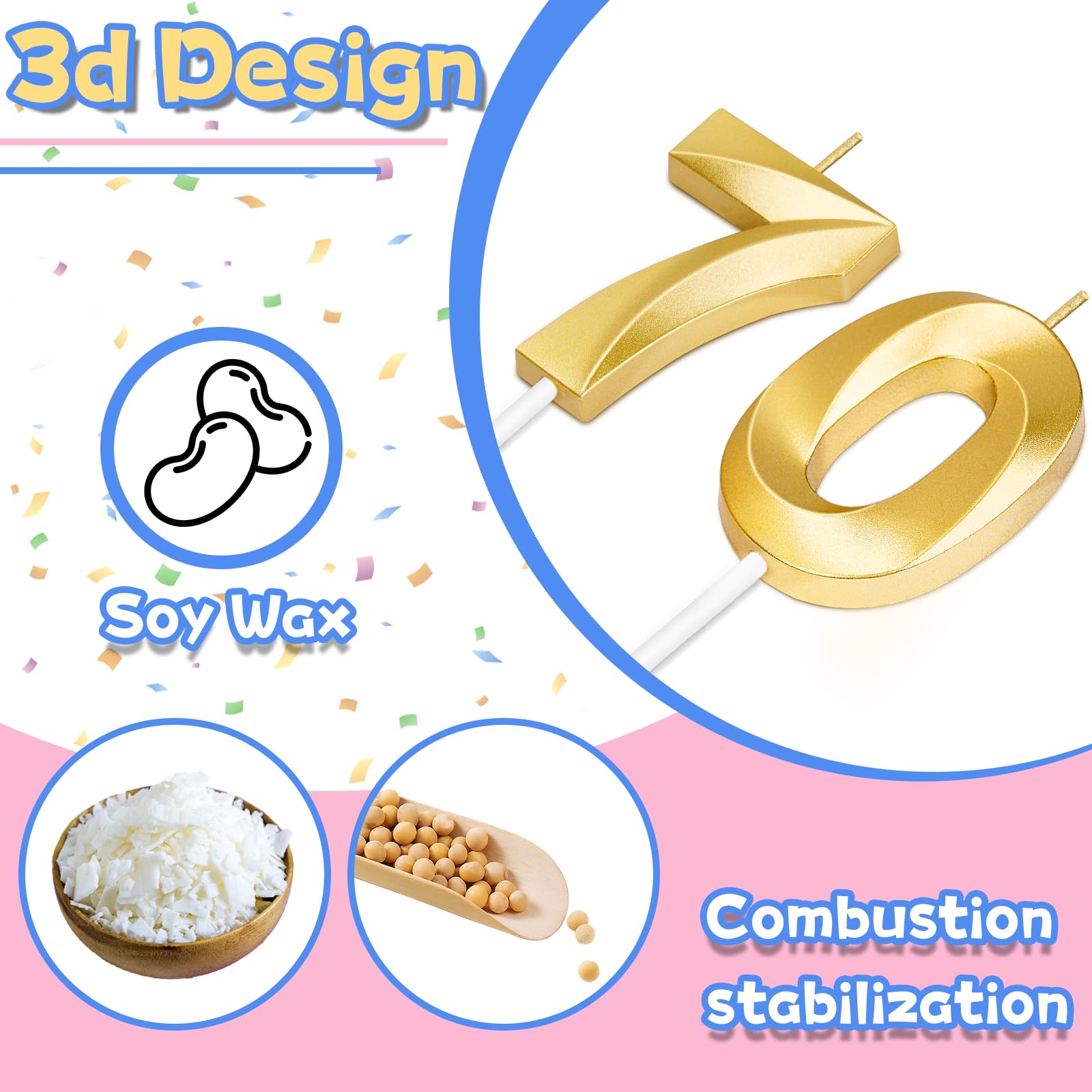 70th Birthday Candles for Cake,Gold Number Candles for Happy Birthday Cake Toppers,Birthday Decorations for Women Men Party Anniversary Wedding