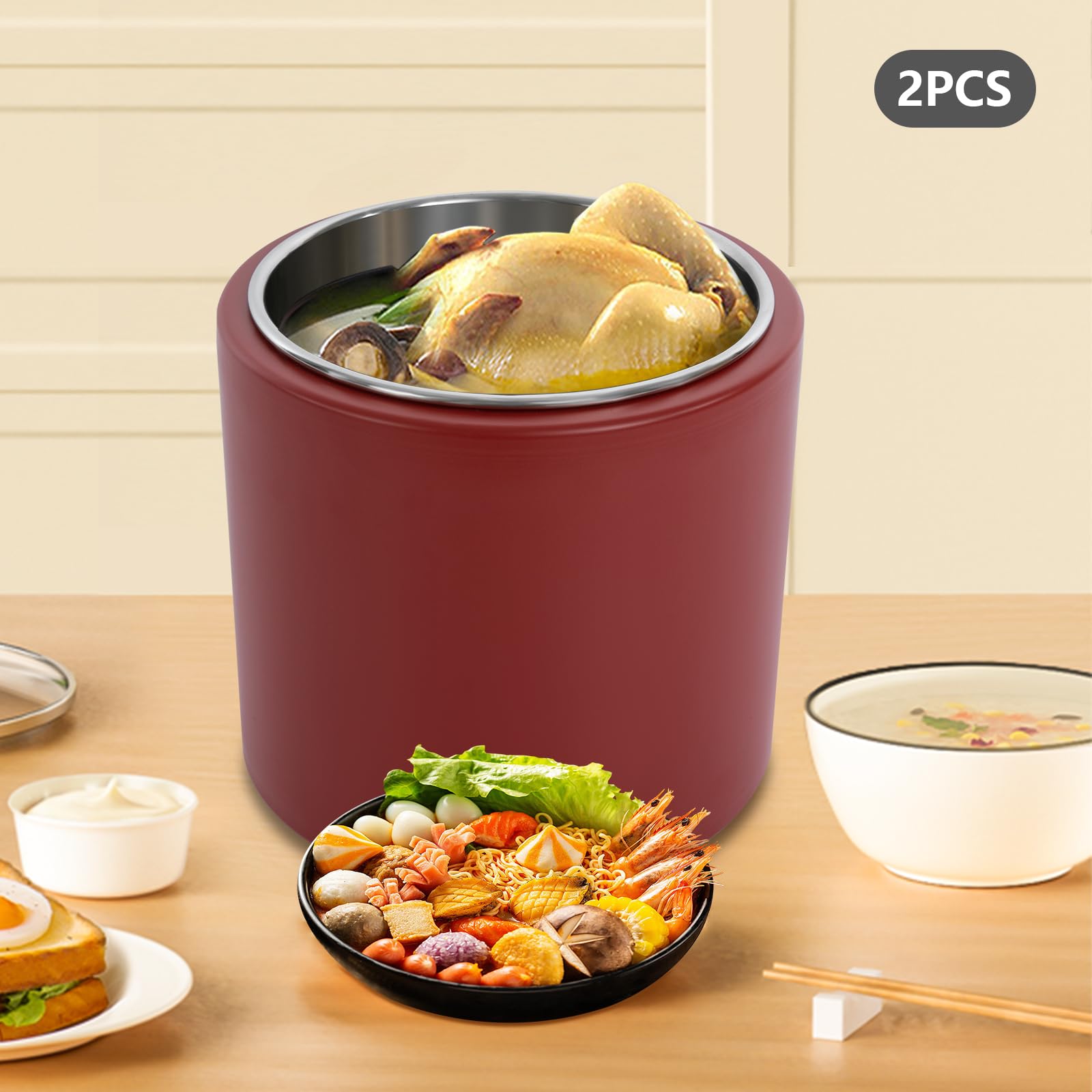 JINHZIXIU 2 Pcs Commercial Soup Warmer Pot 10L/2.64 Electric Food Warmer Stainless Steel Soup Warmer with Lid Countertop Soup Warmer Red Large Insert Soup Kettle for Cafeteria, Hotel