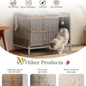 SETVSON Cat Litter Box Enclosure Cat Litter Box Furniture with Divider, Rattan Litter Box Enclosure with Cat Litter Mat, 31.2×19.6×24.2 Inches Hidden Cat Litter Box Cat House for Living Room (Gray)