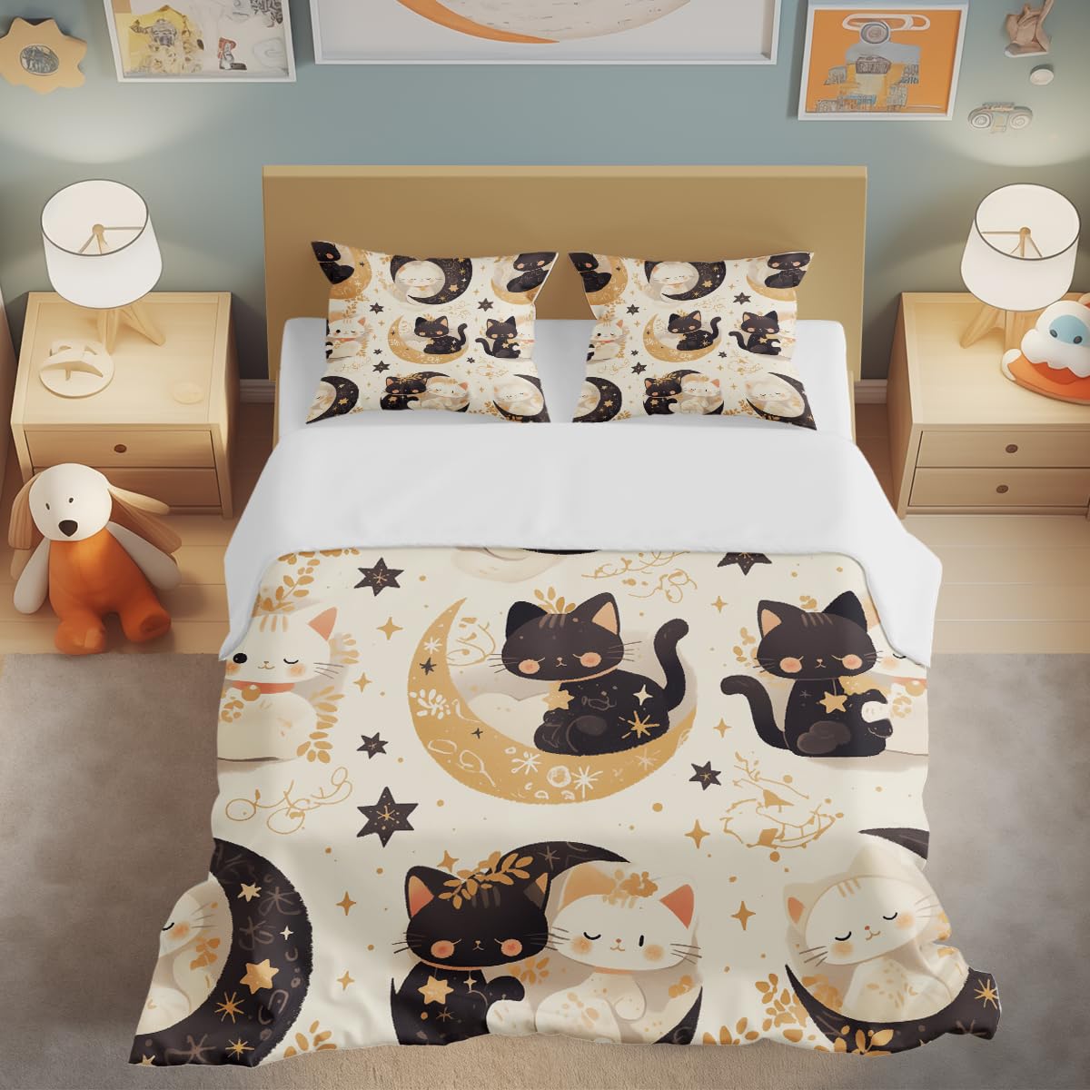 Lokaluo Cats Duvet Cover King Size 3D Printed Little Kitty King Duvet Cover Set Black Cat Starlight Moon Stars Floral Bedding Set Room Decor All Season 3 Pcs Comforter Cover with 2 Pillowcases