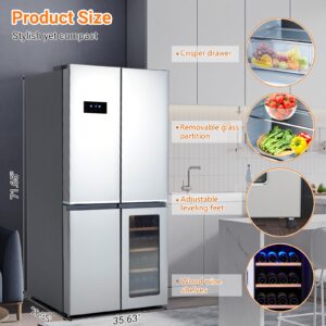 GarveeHome 21 Cu.Ft French Door Refrigerator, 4 Door Counter Depth Stainless Steel Refrigerators, Multifunctional Fridges with Freezer, Refresh, and Wine Cooler for Kitchen, Bedroom, Office, Dorm