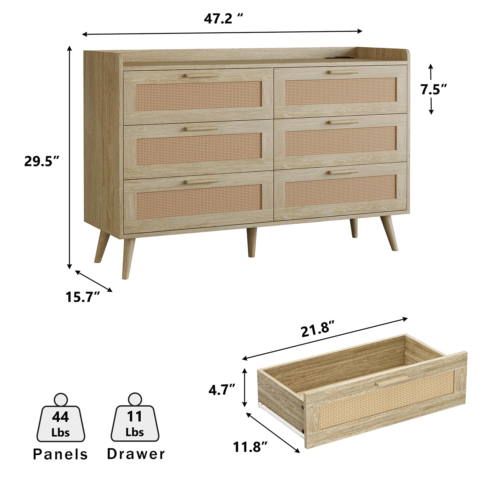 CollaredEagle 6 Drawer Rattan Dresser for Bedroom, Wooden Dresser Chest of Drawers with Power Outlets, Storage Organizer for Closet, Beside Table for Living Room, Entryway