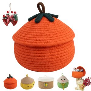 halloween pumpkin basket with lid, halloween pumpkin candy bucket, trick or treat pumpkin woven storage bin, large capacity woven rope basket for store toys, candys, snacks, home decor (orange-l)