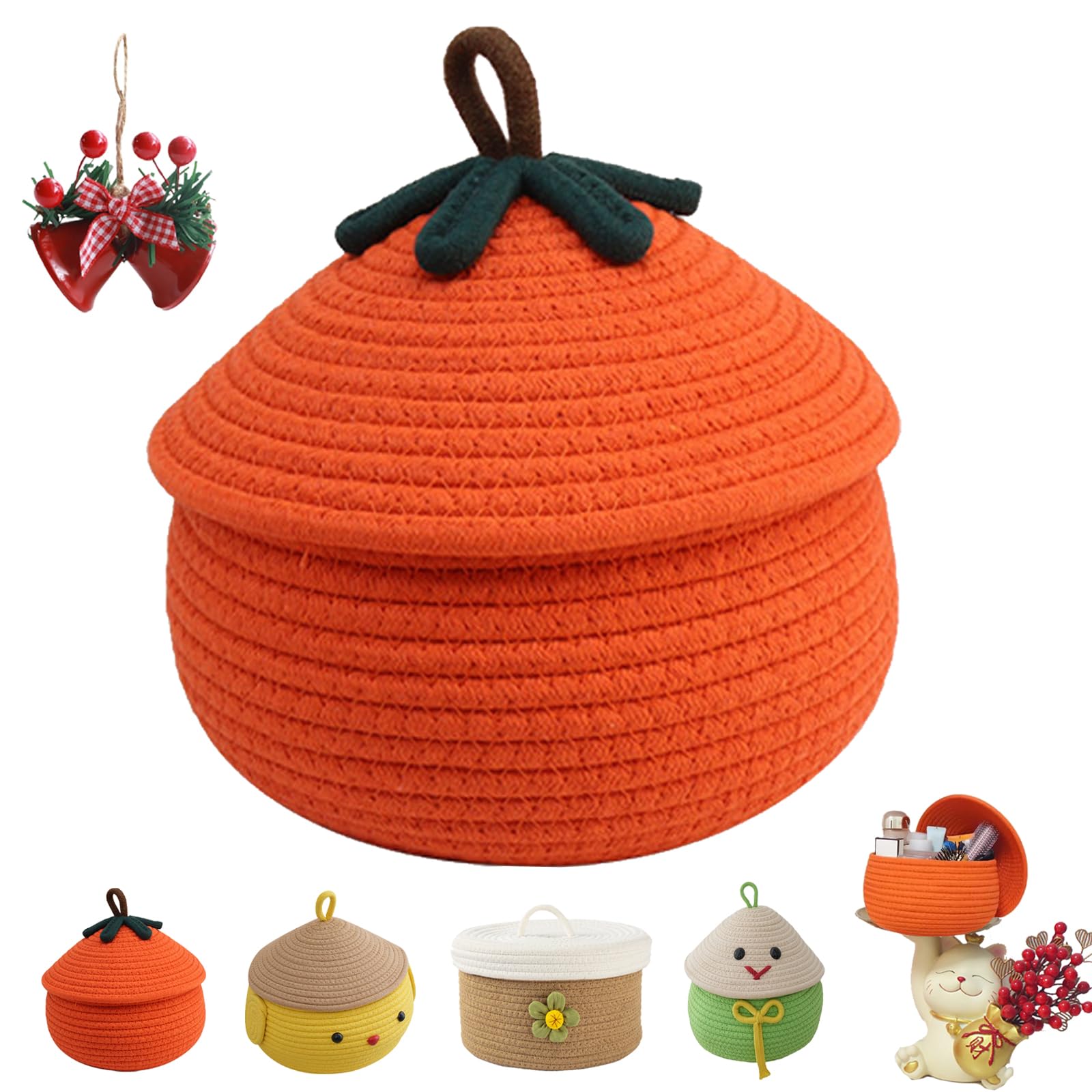 Halloween Pumpkin Basket With Lid, Halloween Pumpkin Candy Bucket, Trick Or Treat Pumpkin Woven Storage Bin, Large Capacity Woven Rope Basket For Store Toys, Candys, Snacks, Home Decor (Orange-L)