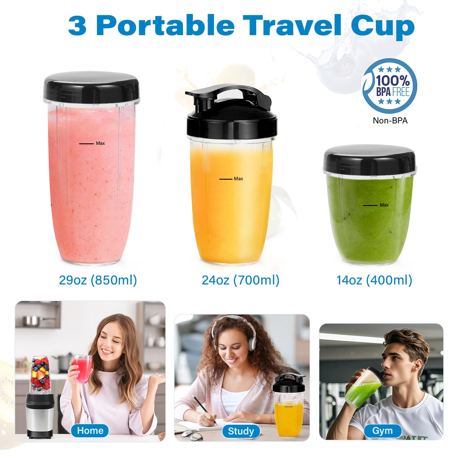 Prolixity 1200w Smoothie Blender - Personal Blender for Frozen Fruit & Ice Crush with 2 Sharp 6-Fin Blades, Portable Smoothie Blenders with 14oz, 24oz, 29oz Easy Go Cups for Nutritious Juices,Silver