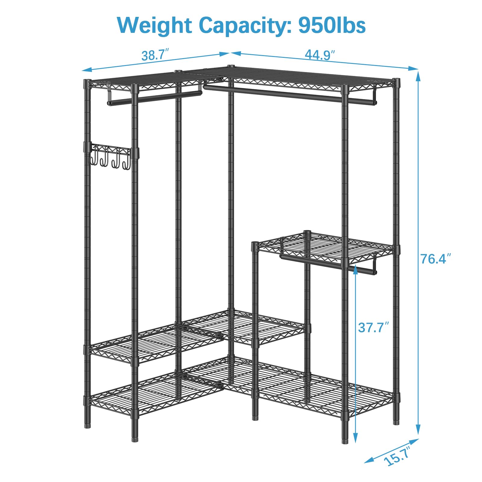 VIPEK L3 Clothing Rack, L Shaped Heavy Duty Garment Rack for Hanging Clothes, Corner Clothes Rack, Freestanding Closet System with Adjustable Shelves & Hang Rods & Side Hooks, Max Load 950lbs, Black