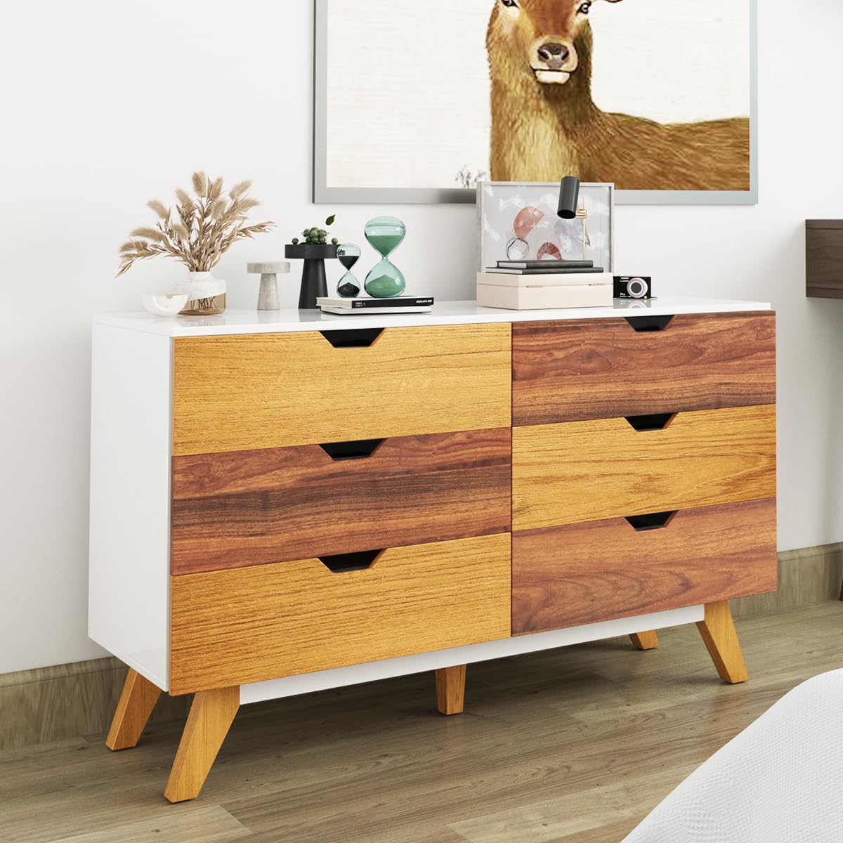 KOZIDO 47 Inch 6 Drawer Wood Dresser, Modern Double Dresser, Wooden Storage Cabinet for Bedroom, Living Room, Hallway, Entryway - Caramel & Walnut & White