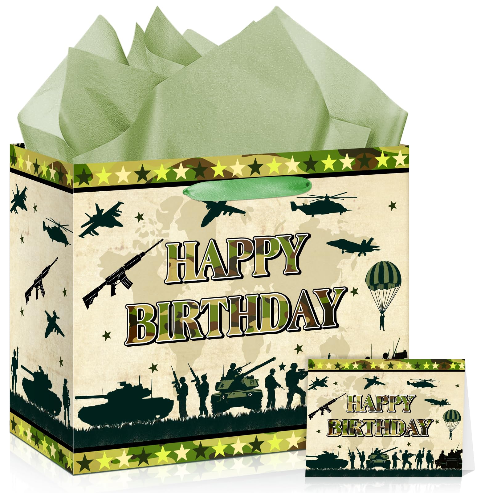 Camouflage Birthday Gift Bag Army Party Supplies Gift Bag with Wrapping Paper and Card Large Camouflage Christmas Birthday Party Wrapping Paper Bag with Handle Army Camo Party Decorations for Boy Girl