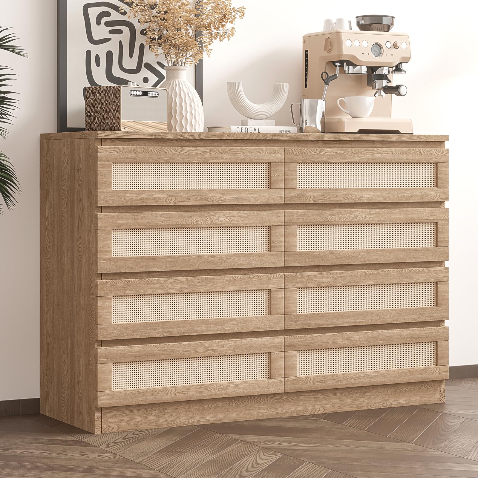 GarveeHome Rattan Dresser for Bedroom, Modern 8 Drawer Wooden Dresser Chest, Wide Wood Beside Table for Closet, Nursery, Living Room and Entryway, Natural