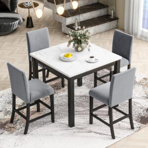 Counter Height Dining Table Set for 4, Farmhouse Kitchen Table Set with Faux Marble Tabletop and 4 Upholstered Chairs, Wooden Table and Chairs Set for Kitchen, Dining Room, Small Space, Grey