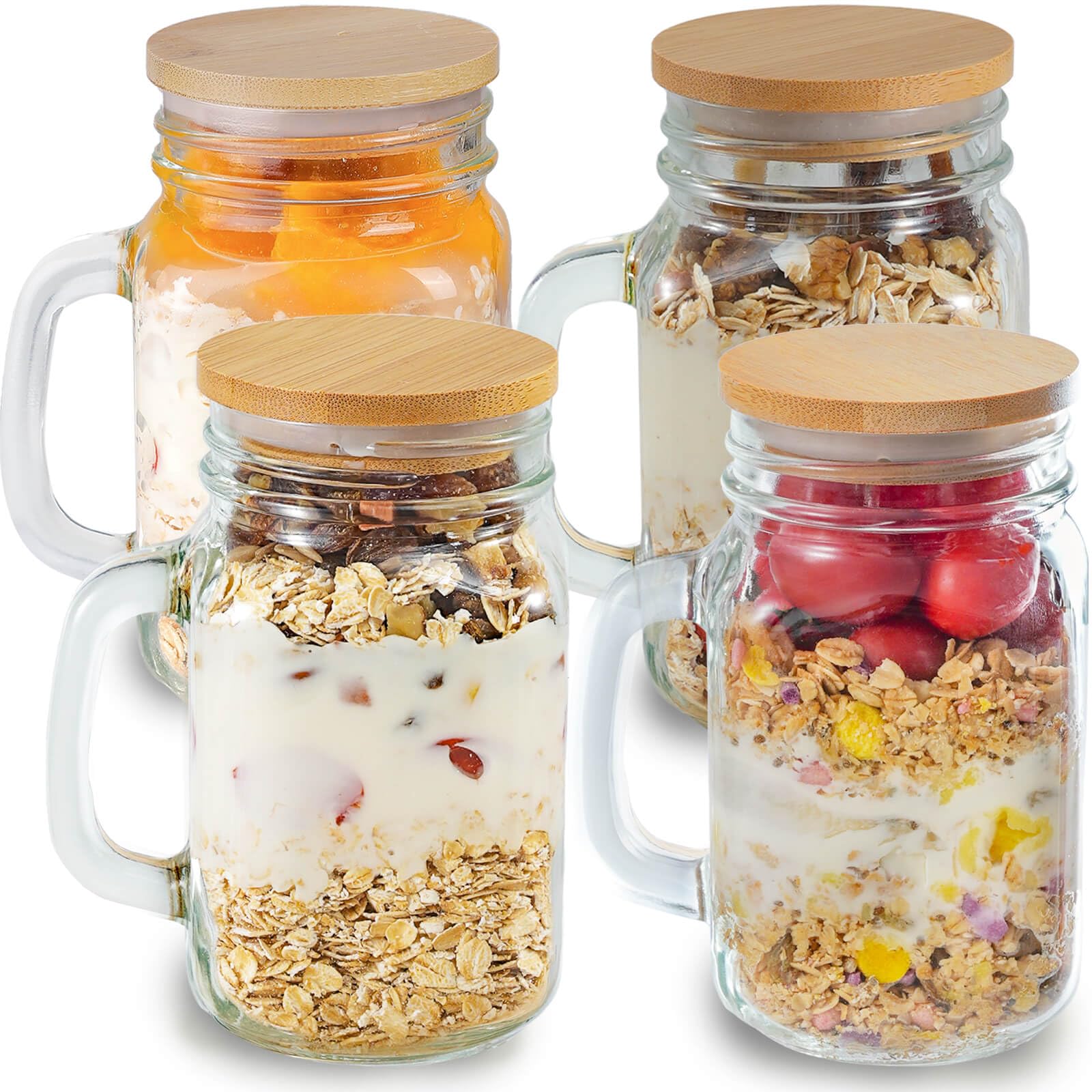 Overnight Oats Containers with Lids Set of 4, 16 Oz Yogurt Parfait Cups with Bamboo Lids, Glass Oatmeal Mason Jars, Chia Seed Pudding Jars, Food Storage Containers for Cereal, Snacks, Spice, Sugar