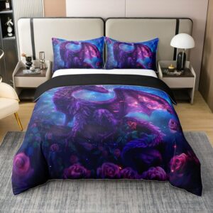 erosebridal 100% cotton 3d dragon duvet cover twin size, animals starry sky printed comforter cover, flowers safari bedroom decor bedding set for bed, purple blue wildlife kids boys quilt cover