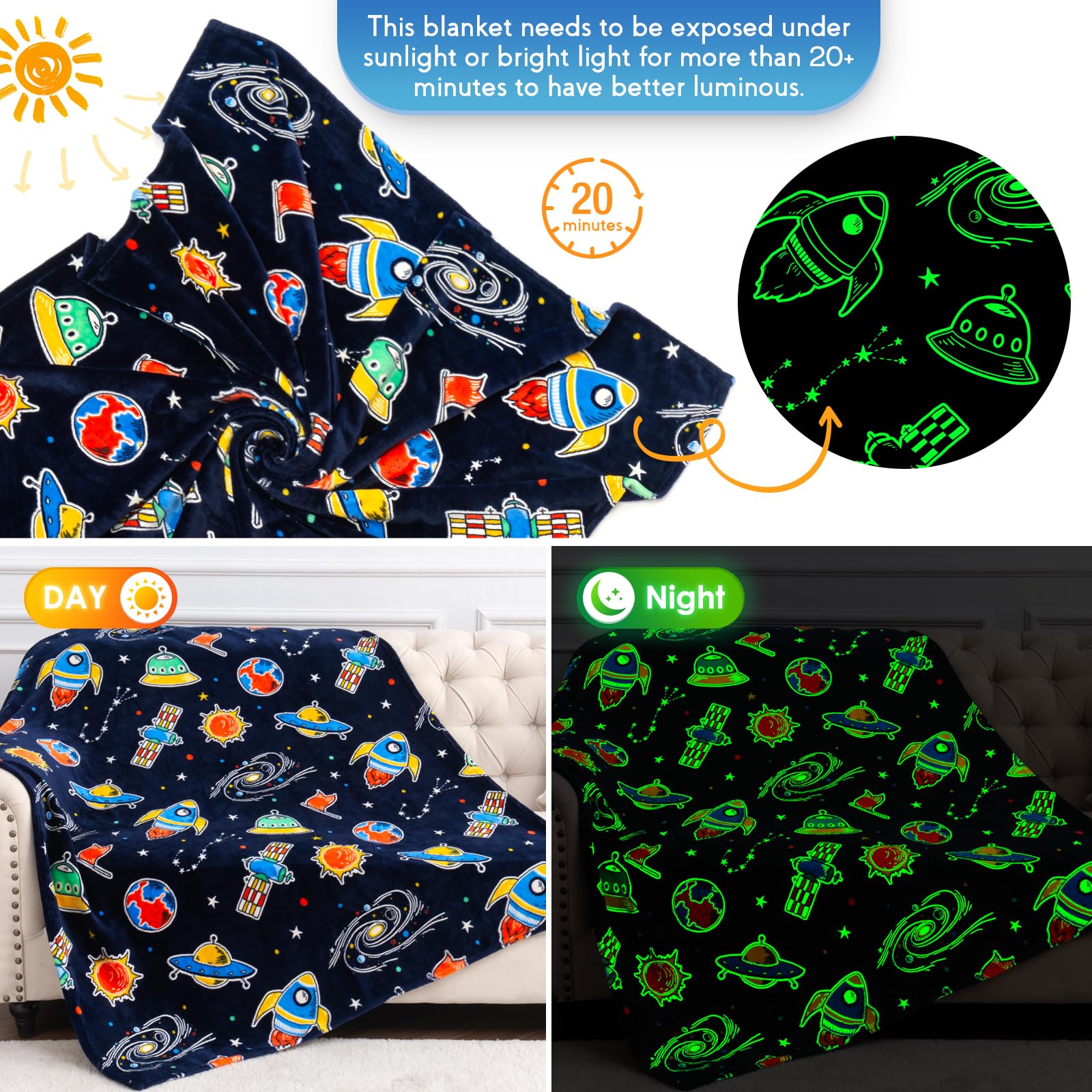 Space Toys Gifts for Boys Girls - Glow in The Dark Galaxy Blanket Christmas Birthday Valentine's Day Easter Present for Kids Age 1 2 3 4 5 6 7 8 9 10 Year Old Child Star Planet Spaceship Throw 50"x60"