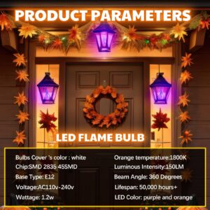 VIHOSE 4 Pcs E12 LED Flame Light Bulbs 3 Mode Flickering Fire Light Bulb E12 Candelabra Chandelier Base Candle Flame Lamp Halloween Christmas Party Porch Indoor Outdoor, 1.2 W, 1800 K(Purple, Orange)