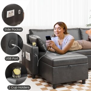 Danrelax Faux Leather L Shaped Sofa, L Shape Couch, Pull Out Bed with USB and Cup Holder, Storage Sofa Cama, Queen Sofa Bed, Sleeper Sofa Couch for Living Room, Sofa Bed Couch, Black