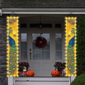 Happy Diwali Porch Banner with Lights Indian Diwali Peacock Front Porch Welcome Sign Deepavali Indian Festival of Lights Decorations-12×71''