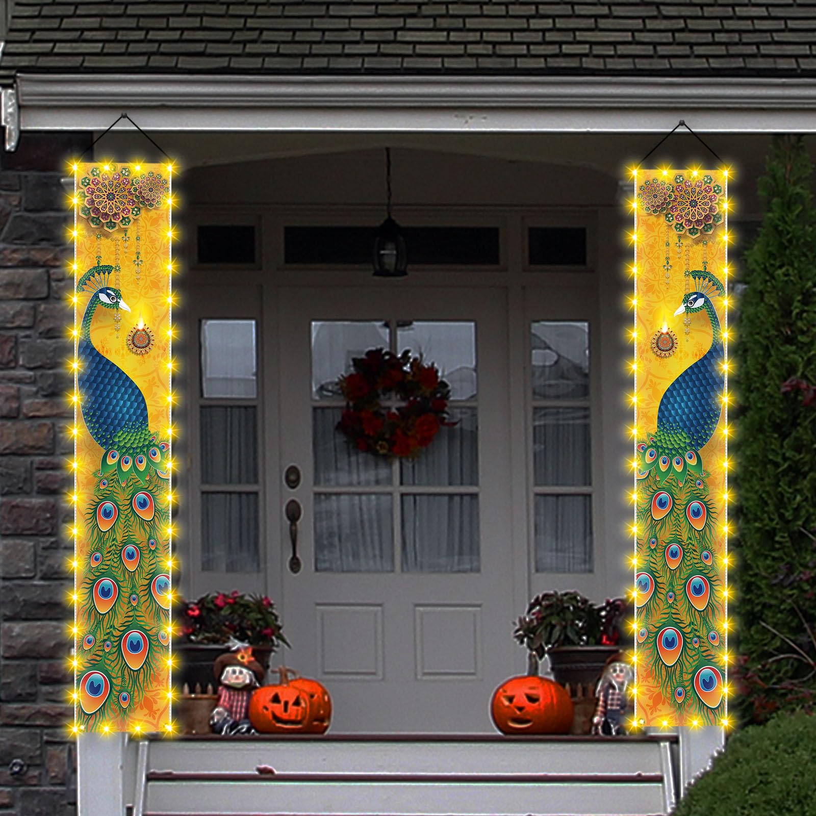 Happy Diwali Porch Banner with Lights Indian Diwali Peacock Front Porch Welcome Sign Deepavali Indian Festival of Lights Decorations-12×71''