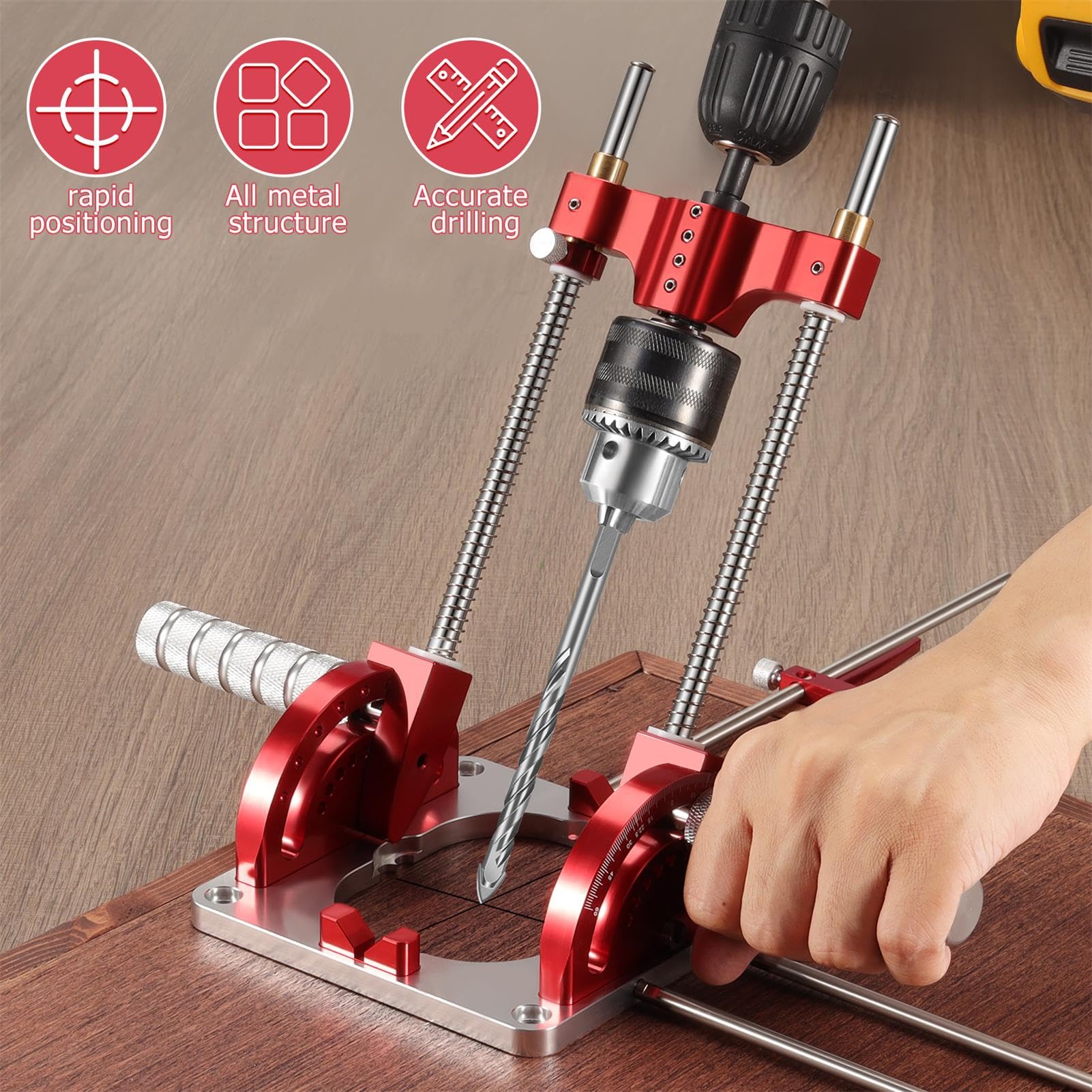 Portable Drill Guide Self-Centering Portable Drill Guide w/Chuck Key, 0° To 60° Angle Drill Guide w/Easy-To-Read Protractor Scale,Multi-Angle Drill Guide With Self-Centering Base Woodworking Furniture