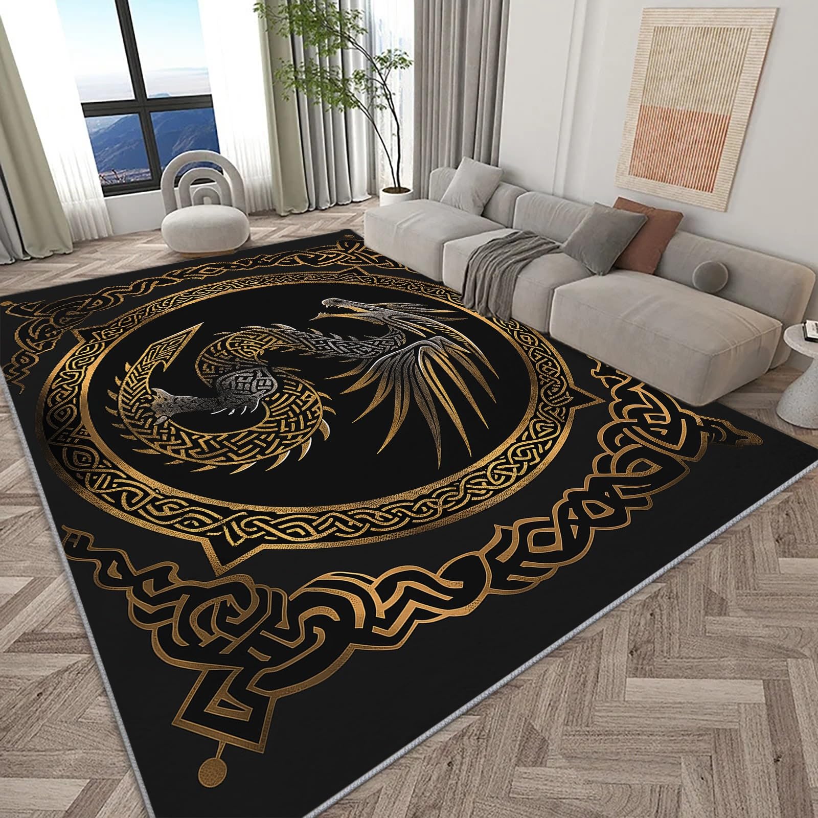 Area Rug for Living Room 5x8 ft, Viking Dragons Celtic Knot Patterns and Runes Print Rugs, Washable Area Rug Low-Pile Carpet, Non-Slip Floor Rugs for Kids Boy Teen Room Home Aesthetic Decor